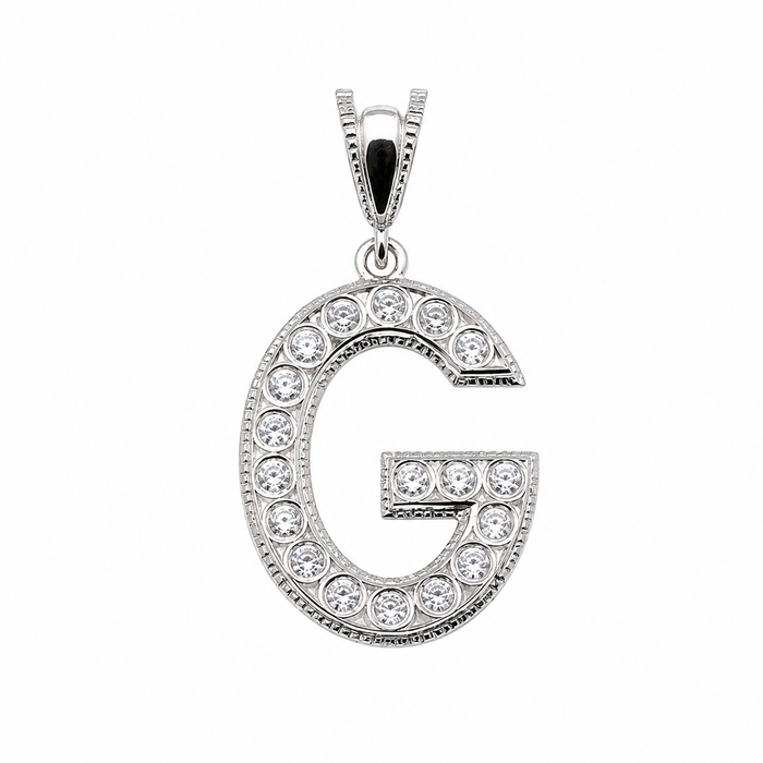 Rhodium Plated 925 Sterling Silver Cursive CZ Initial Charm Pendant-SPP00106