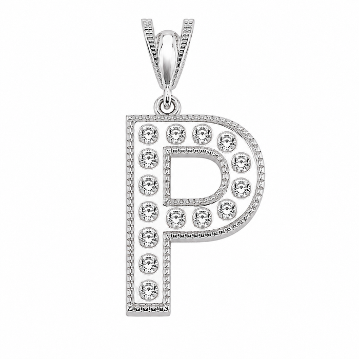 Rhodium Plated 925 Sterling Silver Cursive CZ Initial Charm Pendant-SPP00106