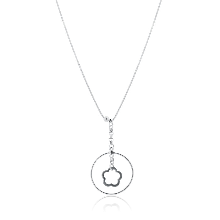 Rhodium Plated 925 Sterling Silver Cut Out Dangled Flower Necklace - SPN00029