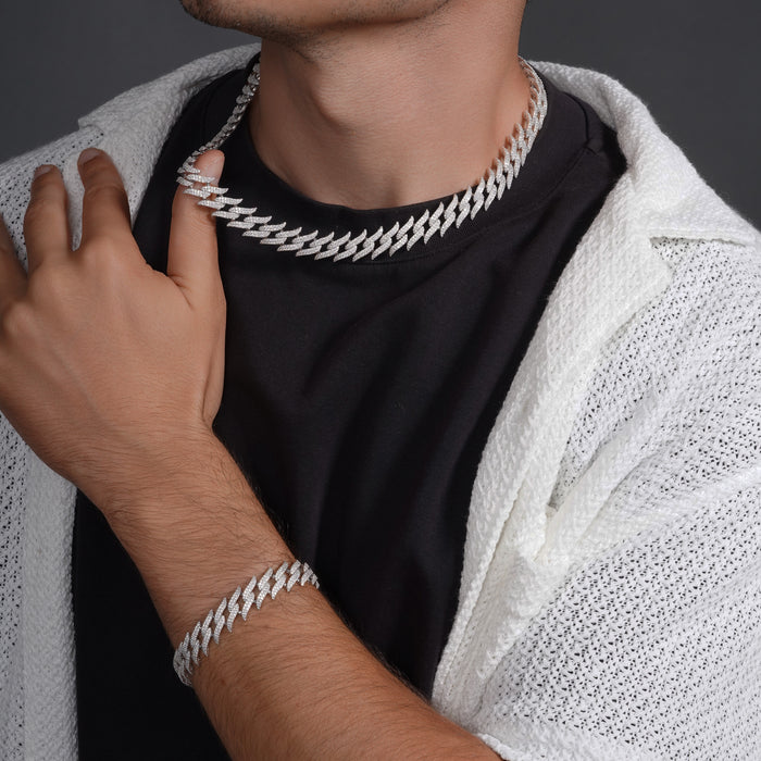 Rhodium Plated 925 Sterling Silver CZ Encrusted Spike Barbed Wire 13mm Chain or Bracelet - GMN00237
