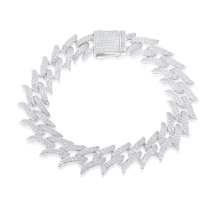 Rhodium Plated 925 Sterling Silver CZ Encrusted Spike Barbed Wire 13mm Chain or Bracelet - GMN00237