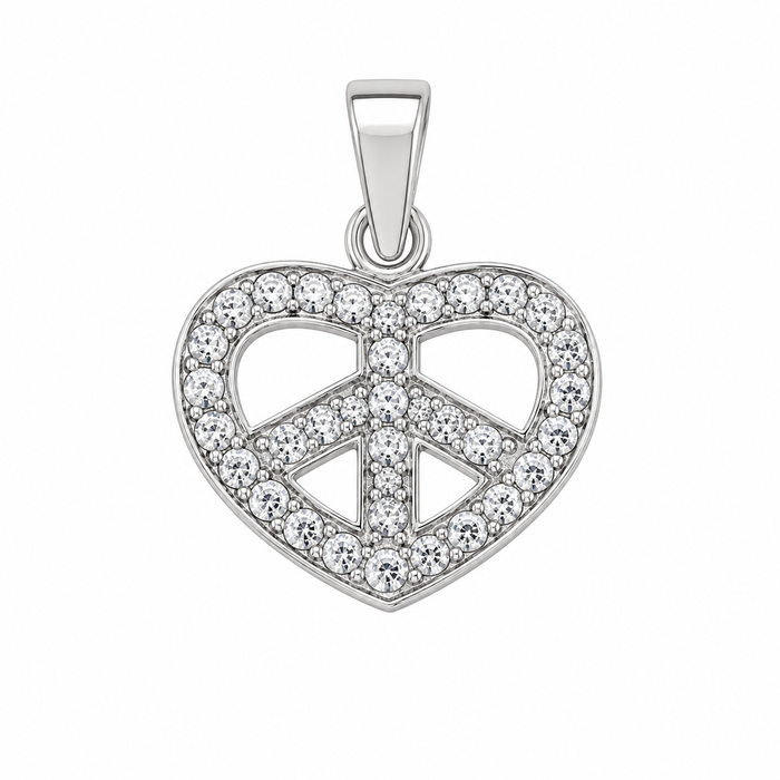 Rhodium Plated 925 Sterling Silver CZ Heart Peace Symbol Charm Pendant- CHARM00204