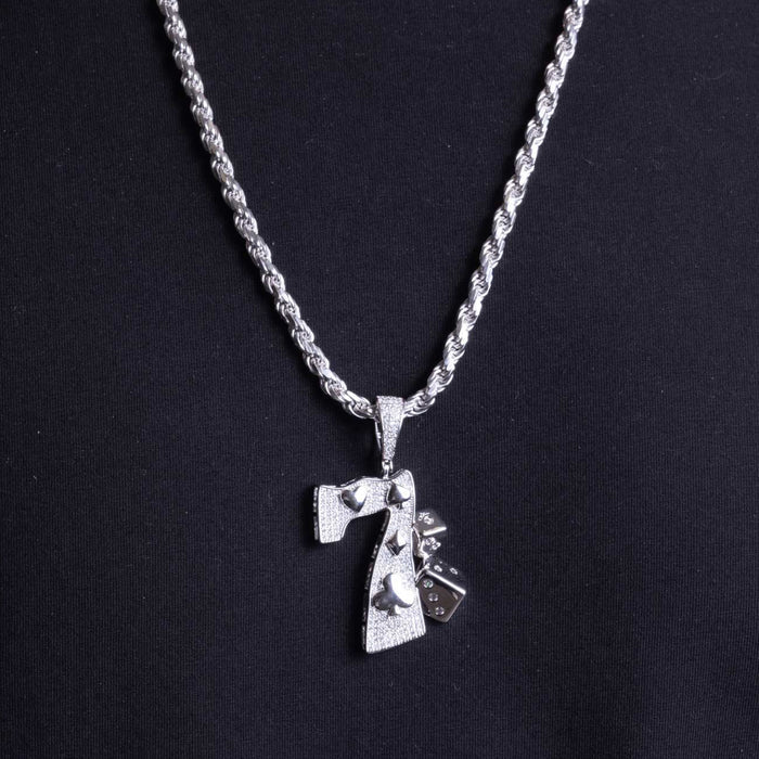 Rhodium Plated 925 Sterling Silver CZ Lucky 7 Hip Hop Pendant - SLP00259