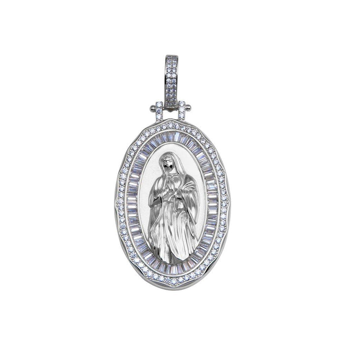 Rhodium Plated 925 Sterling Silver CZ Mary Hip Hop Pendant - SLP00280RH | Silver Palace Inc.
