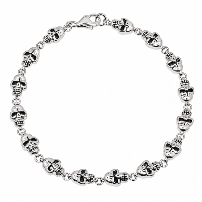 Rhodium Plated 925 Sterling Silver CZ Multi Skull Men's Bracelet- STBM047