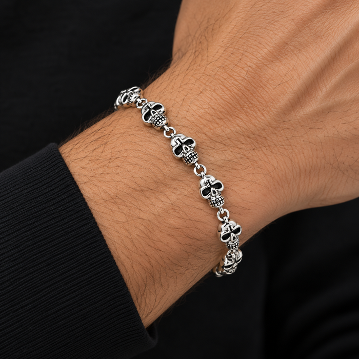 Rhodium Plated 925 Sterling Silver CZ Multi Skull Men's Bracelet- STBM047