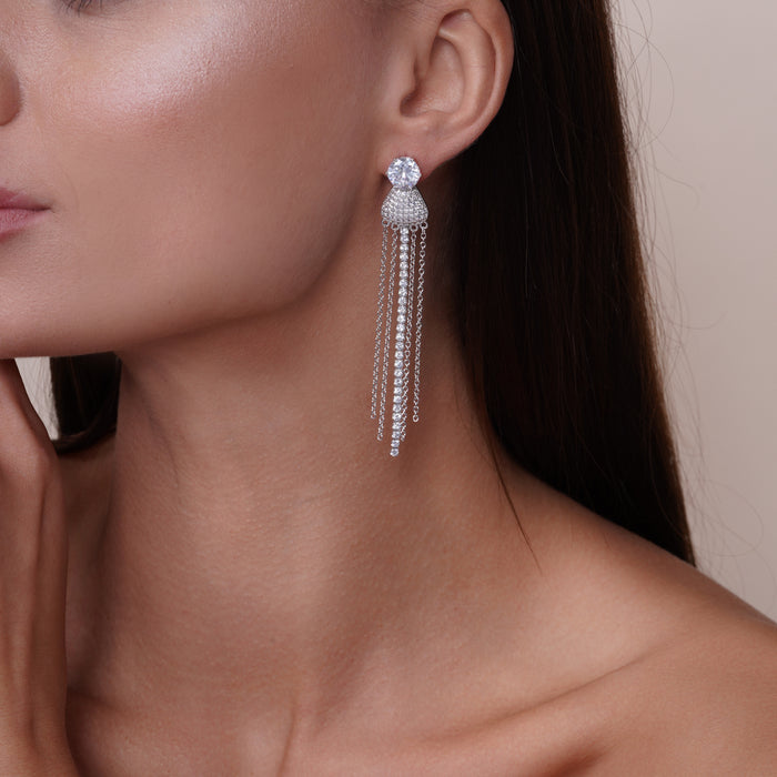 Silver 925 Rhodium Plated CZ Teardrop Chain Dangling Earrings - BGE00598 | Silver Palace Inc.