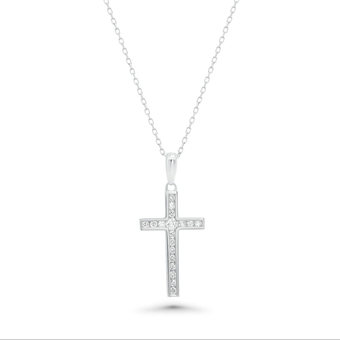 Rhodium Plated 925 Sterling Silver Dainty Lab Grown Diamond 22.5mm x 13.5mm Cross Pendant Necklace - LGMN00011