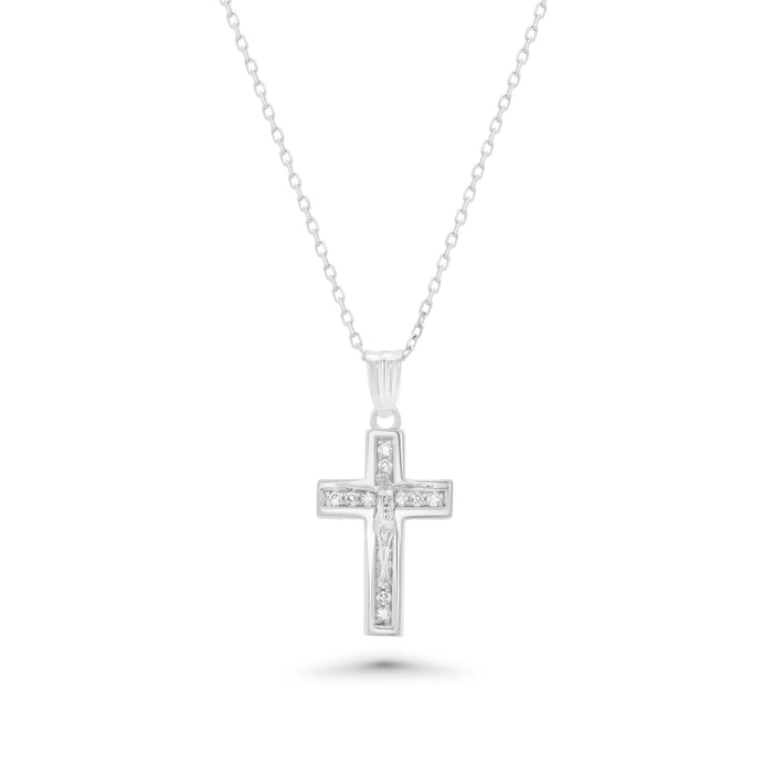 Rhodium Plated 925 Sterling Silver Dainty Lab-Grown Diamond Crucifix Pendant Necklace - LGMN00016