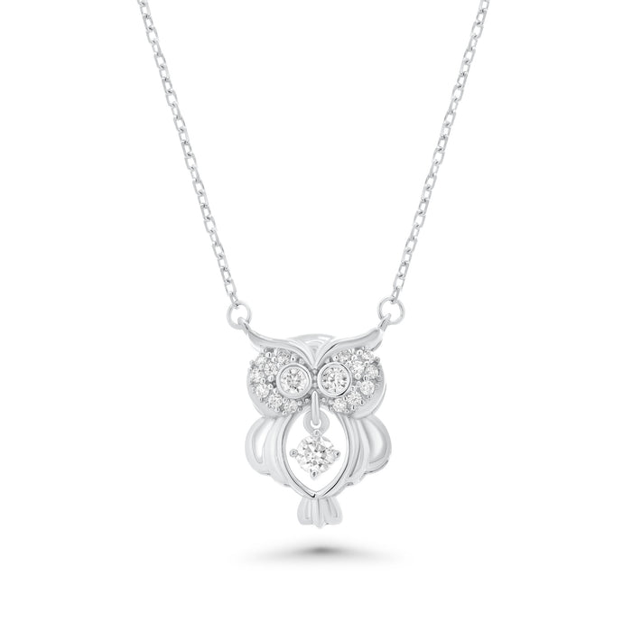 Rhodium Plated 925 Sterling Silver Dancing Moissanite Owl Pendant Necklace - MGMN00028
