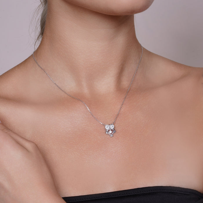 Rhodium Plated 925 Sterling Silver Dancing Moissanite Owl Pendant Necklace - MGMN00028