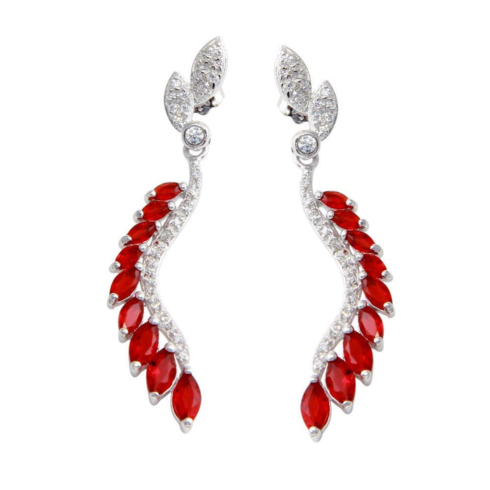 Silver 925 Rhodium Plated Dangling Feather Earrings with Red CZ - BGE00604RED | Silver Palace Inc. #color_red