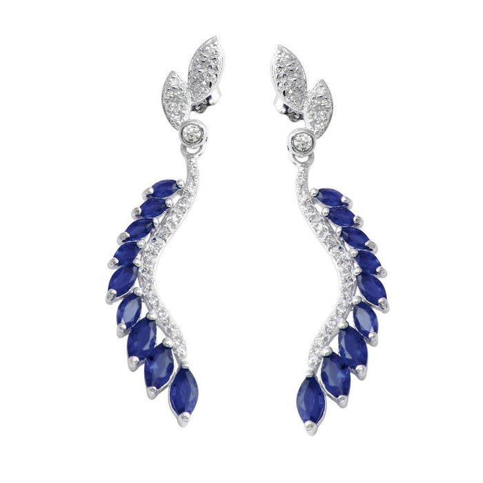 Silver 925 Rhodium Plated Dangling Feather Earrings with Blue CZ - BGE00604BLU | Silver Palace Inc. #color_blue