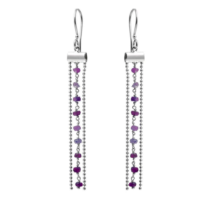 Silver 925 Rhodium Plated Dangling Tassel Earrings with Dark Red Beads - DIE00005RH-GR | Silver Palace Inc.