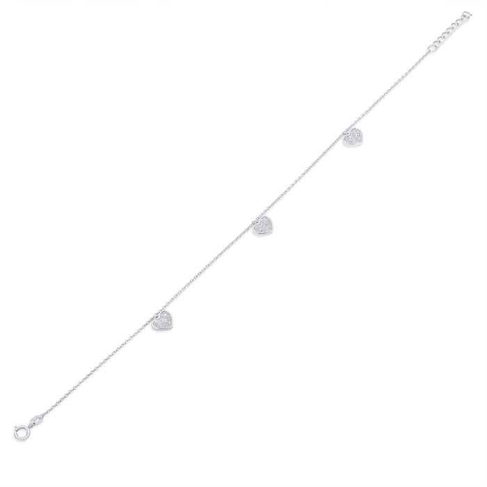 Silver 925 Rhodium Plated Dangling Triple Heart CZ Anklet - BGF00030 | Silver Palace Inc.