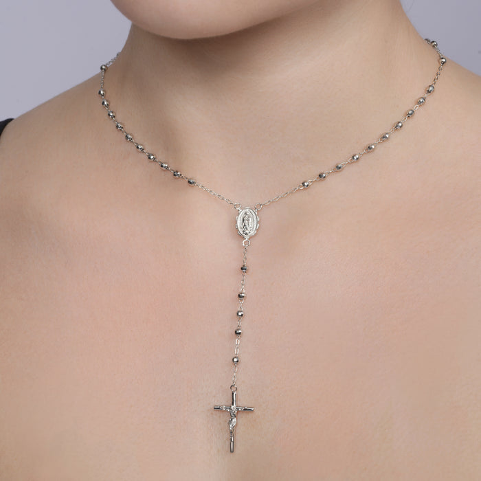 Rhodium Plated 925 Sterling Silver DC 3mm Rosary Necklace - GMN00249 | Silver Palace Inc.