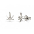 Rhodium Plated 925 Sterling Silver Diamond Cut Cannabis Stud Earrings - TGE00060