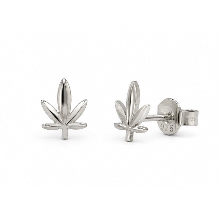 Rhodium Plated 925 Sterling Silver Diamond Cut Cannabis Stud Earrings - TGE00060