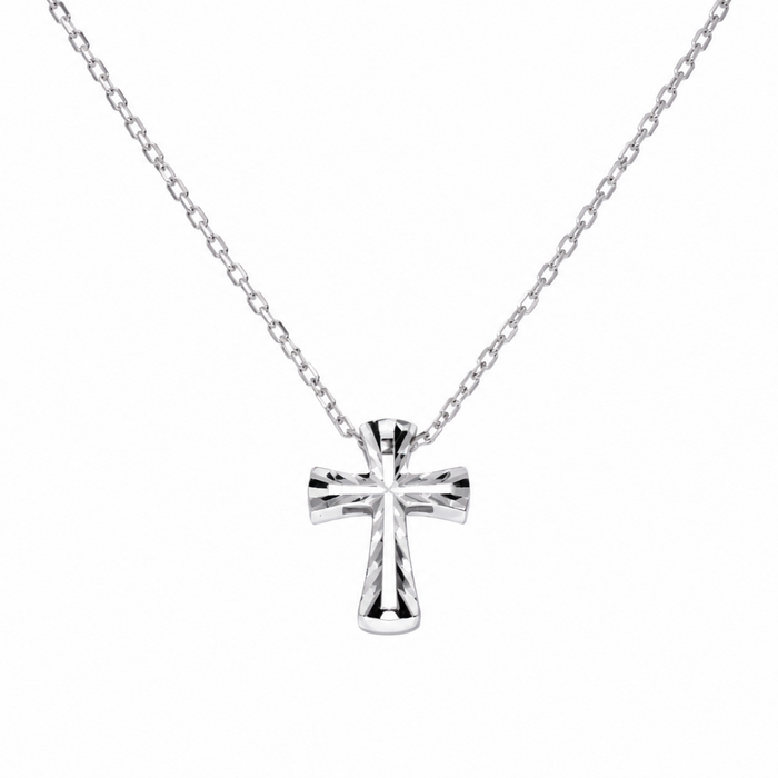 Rhodium Plated 925 Sterling Silver Diamond Cut Cross Necklace - TGN00020