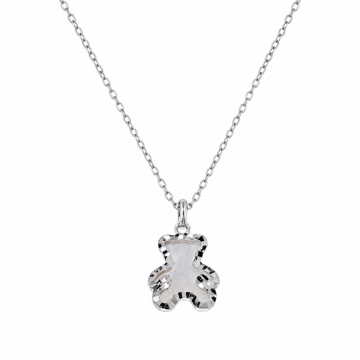 Rhodium Plated 925 Sterling Silver Diamond Cut Dainty Teddy Bear Pearl Necklace - TGN00012