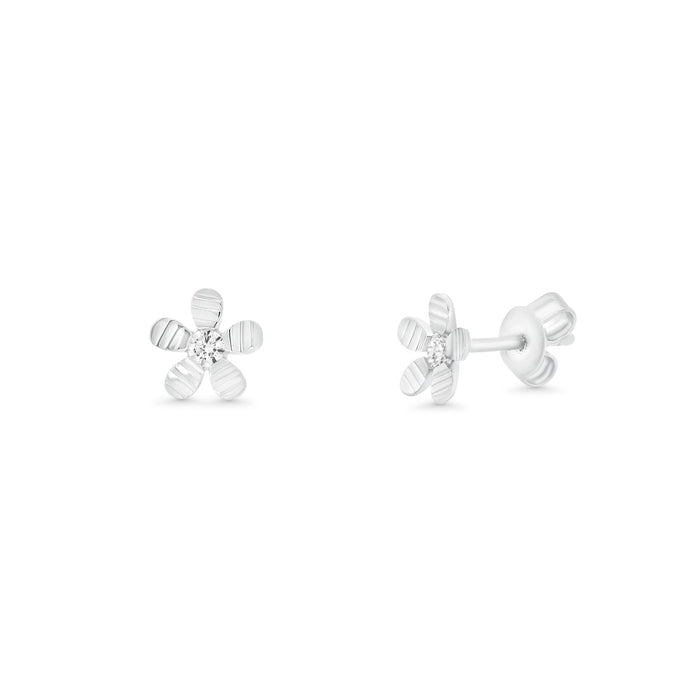Rhodium Plated 925 Sterling Silver Diamond Cut Flower Stud Earring - TGE00028