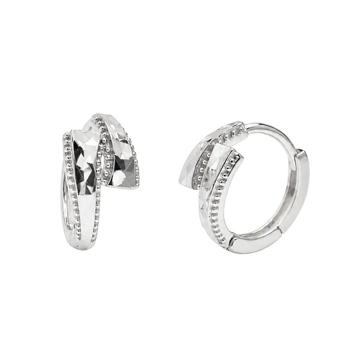 Rhodium Plated 925 Sterling Silver Diamond Cut Geometric Hoop Earrings - TGE00045