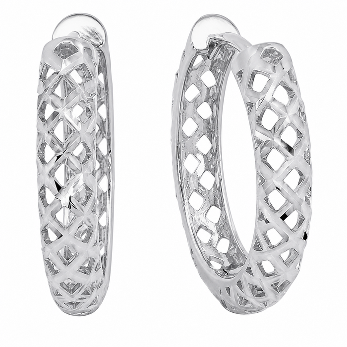 Rhodium Plated 925 Sterling Silver Diamond Cut Openwork Textured Lattice Hoop Earrings - TGE00038