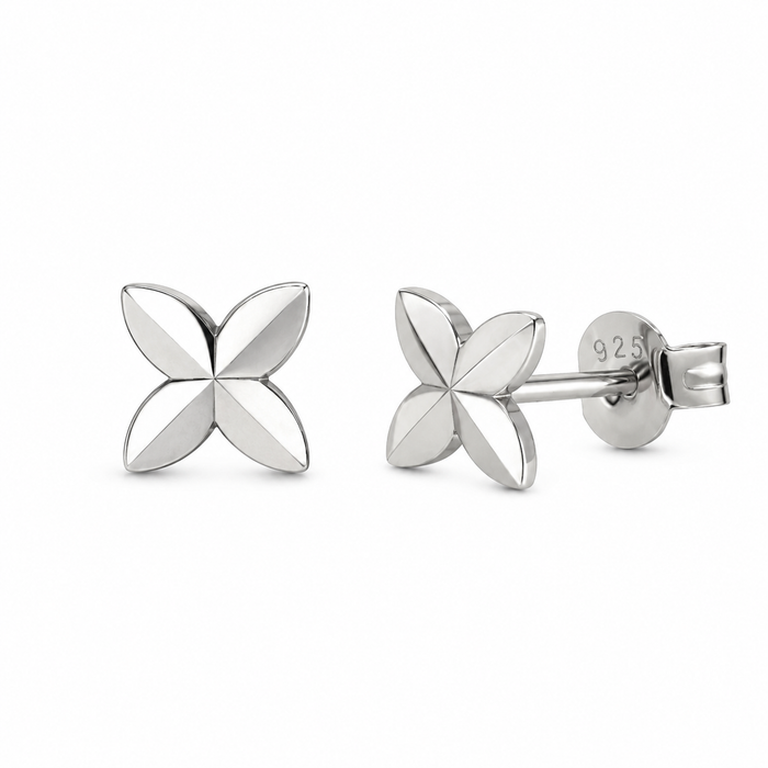 Rhodium Plated 925 Sterling Silver Diamond Cut Quatrefoil Stud Earrings - TGE00059