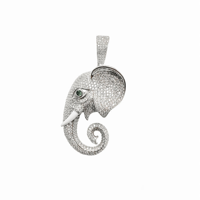 Rhodium Plated 925 Sterling Silver Elephant Green Eye and Clear CZ Pendant - SLP00406