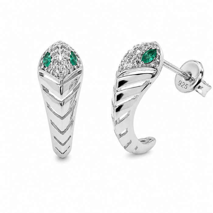 Rhodium Plated 925 Sterling Silver Emerald Green and Clear Moissanite Chevron Wrap Earrings - MTGE00046