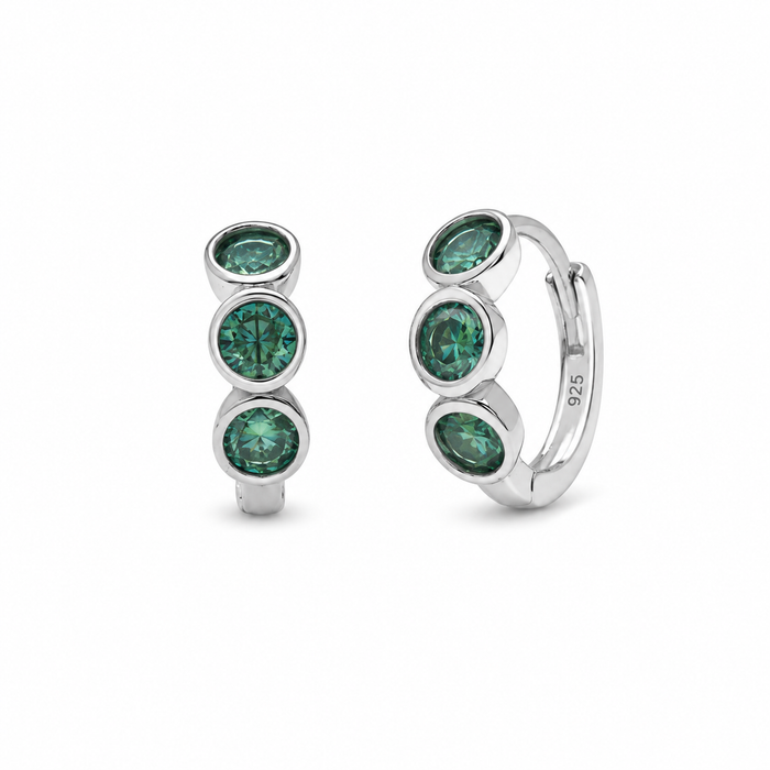 Rhodium Plated 925 Sterling Silver Emerald Green Round Moissanite Huggie Earrings - MTGE00043