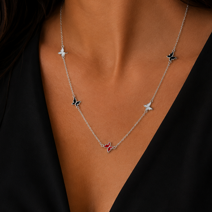 Rhodium Plated 925 Sterling Silver Enamel Multi Color Butterfly Necklace - TGN00021