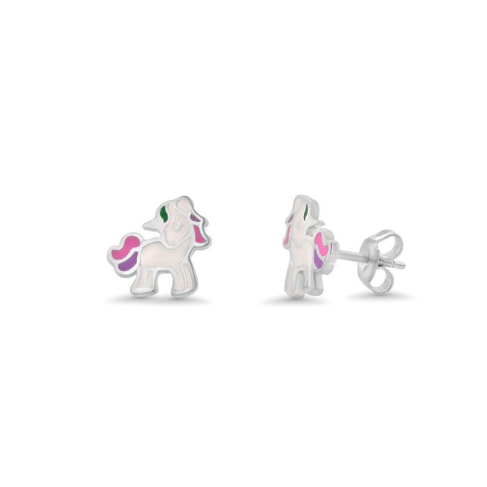 Rhodium Plated 925 Sterling Silver Enamel Unicorn Stud Earring - TGE00026