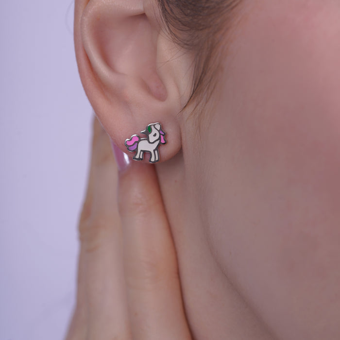 Rhodium Plated 925 Sterling Silver Enamel Unicorn Stud Earring - TGE00026