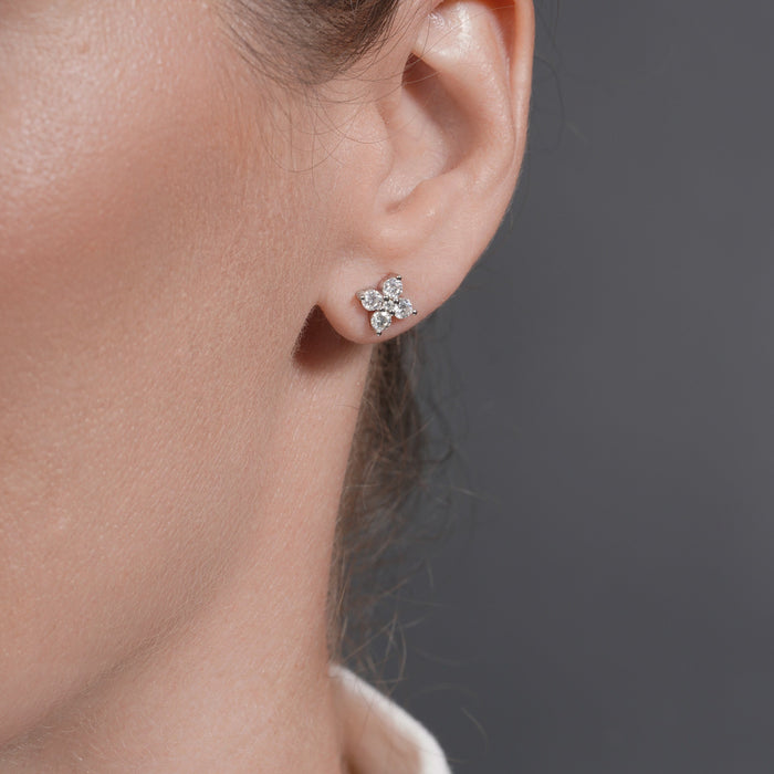 Rhodium Plated 925 Sterling Silver Flower Moissanite Studded 7mm Stud Earring - MDGE00009