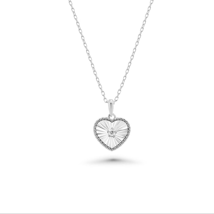 Rhodium Plated 925 Sterling Silver Fluted Heart Moissanite Pendant Necklace - MGMN00027