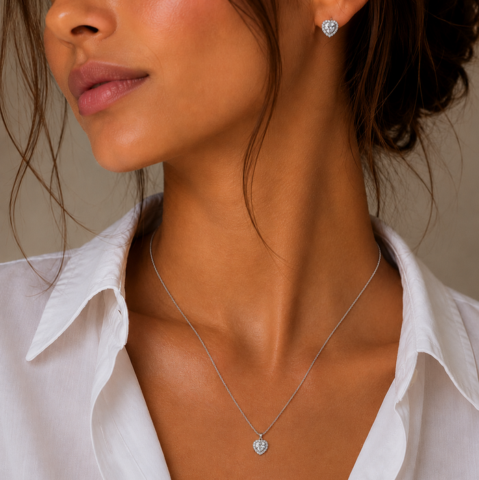 Rhodium Plated 925 Sterling Silver Heart Clear CZ Set - BGS00228 | Silver Palace Inc.