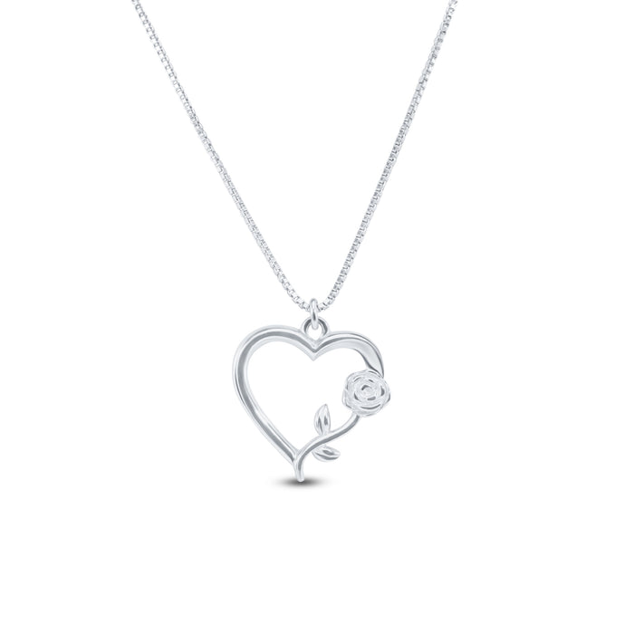 Rhodium Plated 925 Sterling Silver Heart Rose Necklace Pendant - SOP00183