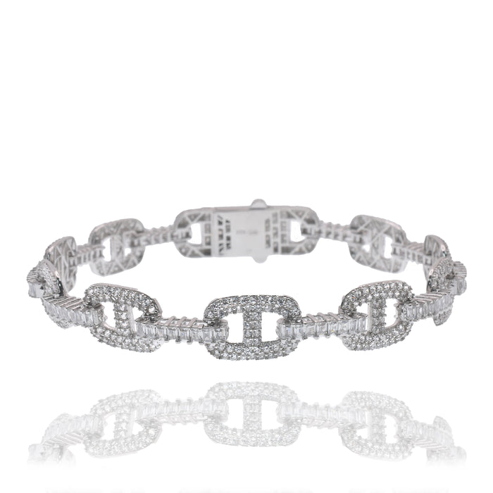 Rhodium Plated 925 Sterling Silver Iced Out Mariner Link ID Baguette Clear CZ 9.5mm Bracelet - GMB00164