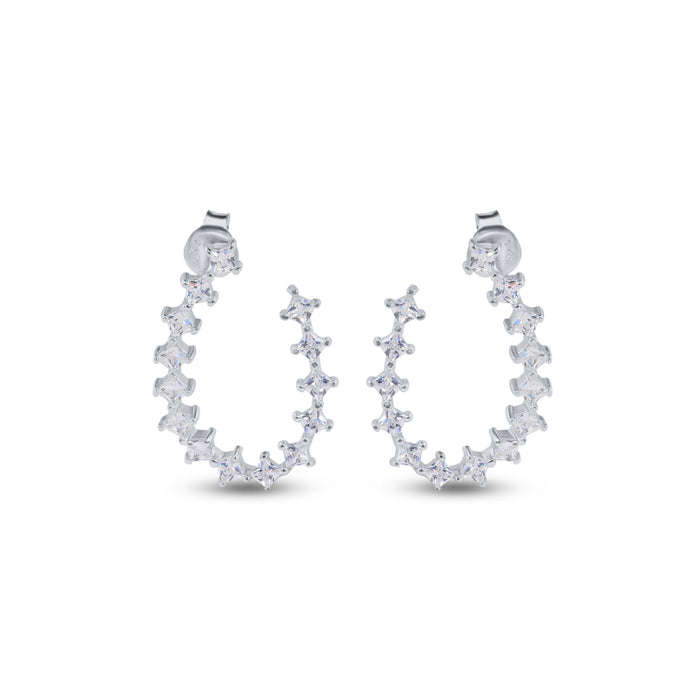 Rhodium Plated 925 Sterling Silver Indented Semi Hoop Square Cut Clear CZ Stud Earrings - BGE00747
