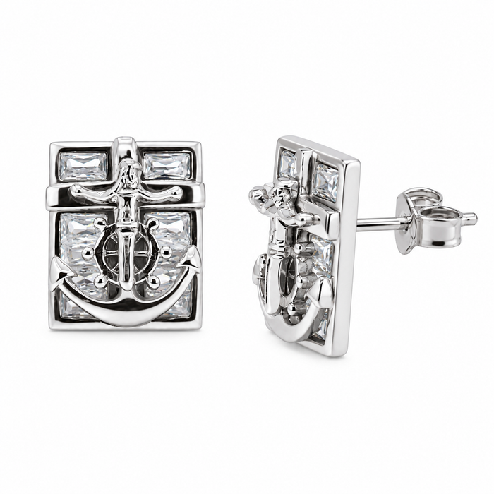 Rhodium Plated 925 Sterling Silver Jesus On Anchor Clear CZ Stud Earring - STEM036