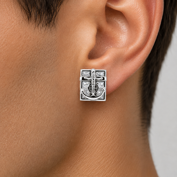 Rhodium Plated 925 Sterling Silver Jesus On Anchor Clear CZ Stud Earring - STEM036