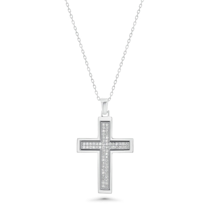 Rhodium Plated 925 Sterling Silver Lab Grown Diamond 34mm x 21mm Cross Pendant Necklace - LGMN00009