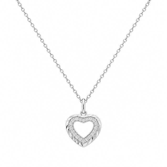 Rhodium Plated 925 Sterling Silver Lab Grown Diamond Cut Heart Pendant Necklace - LGMN00031