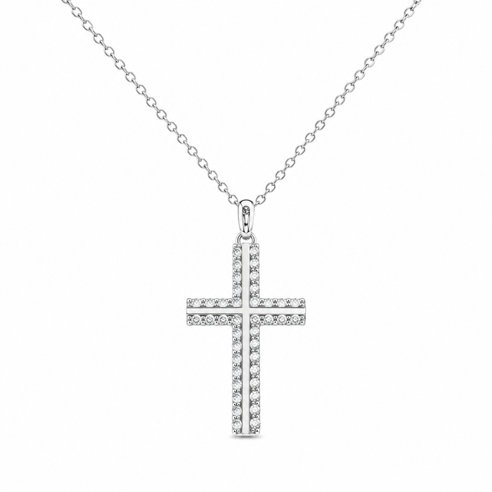 Rhodium Plated 925 Sterling Silver Lab Grown Diamond Double Cross Pendant Necklace - LGMN00026
