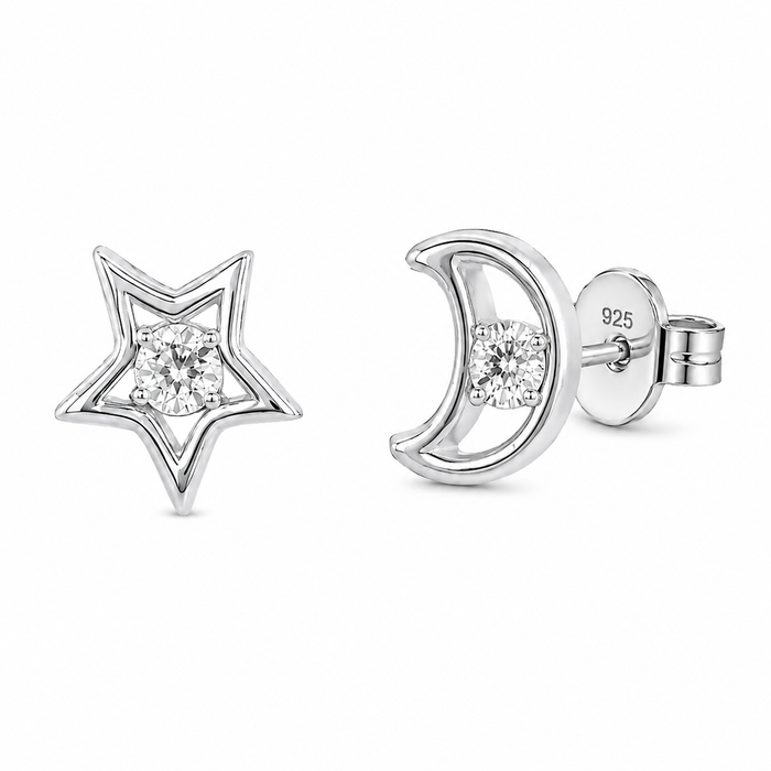 Rhodium Plated 925 Sterling Silver Lab Grown Diamonds Star and Moon Stud Earring - LGTGE00056