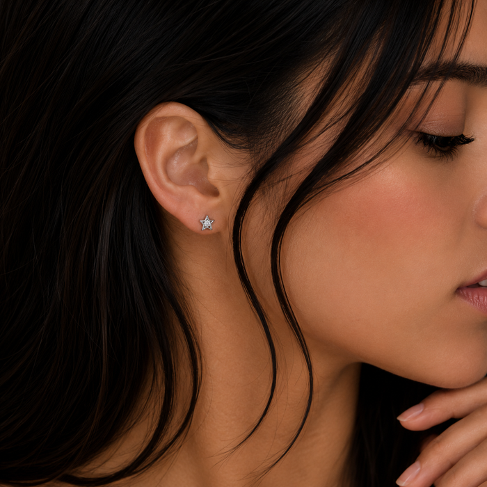 Rhodium Plated 925 Sterling Silver Lab Grown Diamonds Star and Moon Stud Earring - LGTGE00056