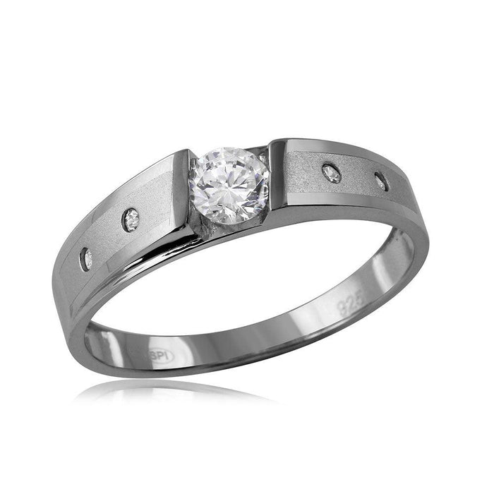 Rhodium Plated 925 Sterling Silver Matte Finish Shank Moissanite or CZ Wedding Mens Ring - MGMR00115