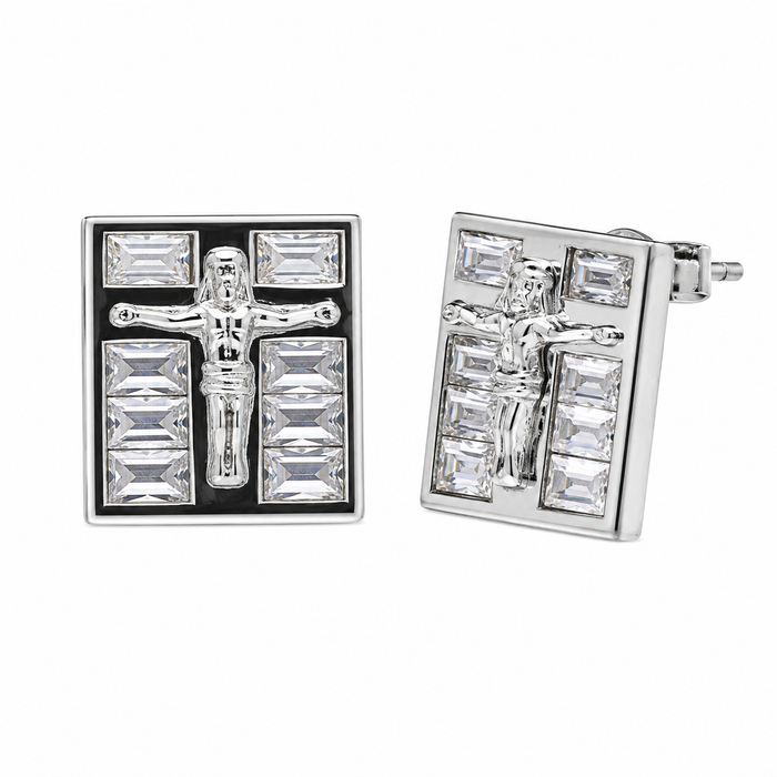 Rhodium Plated 925 Sterling Silver Men's Baguette CZ Square Jesus Earrings - STEM037