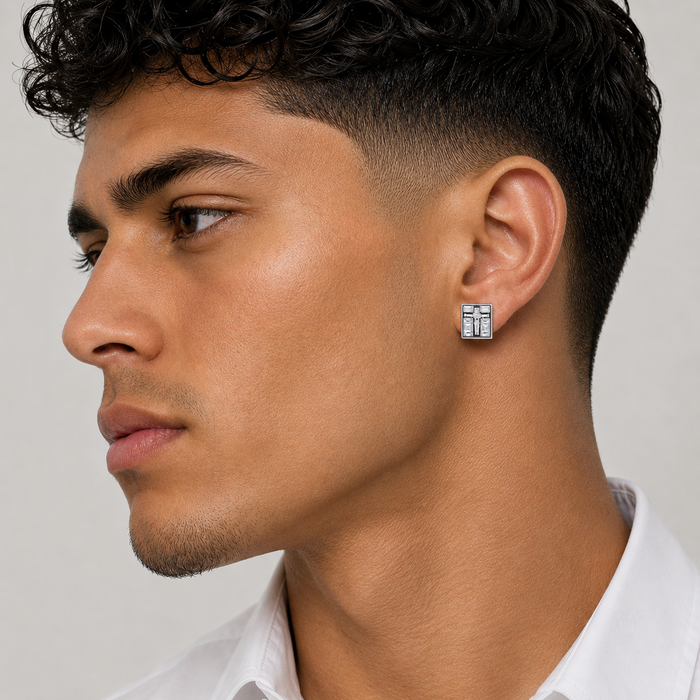 Rhodium Plated 925 Sterling Silver Men's Baguette CZ Square Jesus Earrings - STEM037